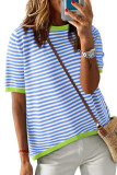 Round Neck Striped Short Sleeved Casual Sweater