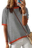 Round Neck Striped Short Sleeved Casual Sweater