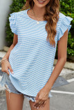 Round Neck Plaid Print Ruffled Sleeve T-Shirt