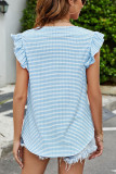 Round Neck Plaid Print Ruffled Sleeve T-Shirt