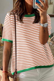 Round Neck Striped Short Sleeved Casual Sweater