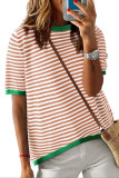 Round Neck Striped Short Sleeved Casual Sweater