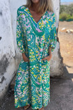 Long Sleeve Printed Casual V-Neck Dress