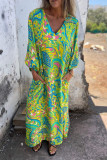 Long Sleeve Printed Casual V-Neck Dress