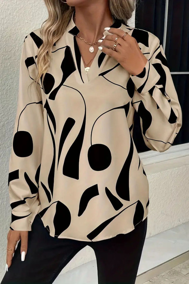 Long Sleeved Geometric Printed V-Neck Shirt