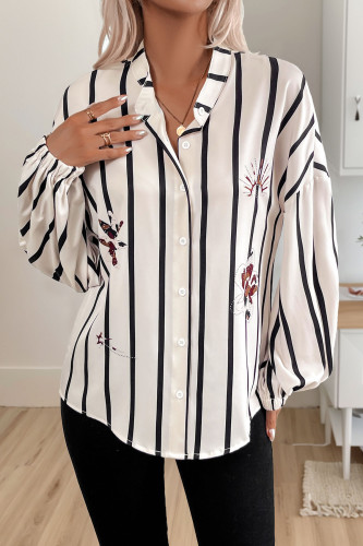 Stand Up Collar Long Sleeved Striped Printed Shirt