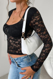 Hollow Out Long Sleeved Lace Tie Tops