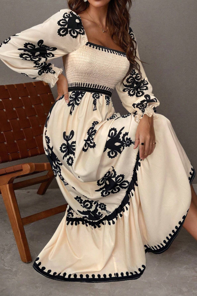 Long Sleeved Floral Print Square Neck Dress
