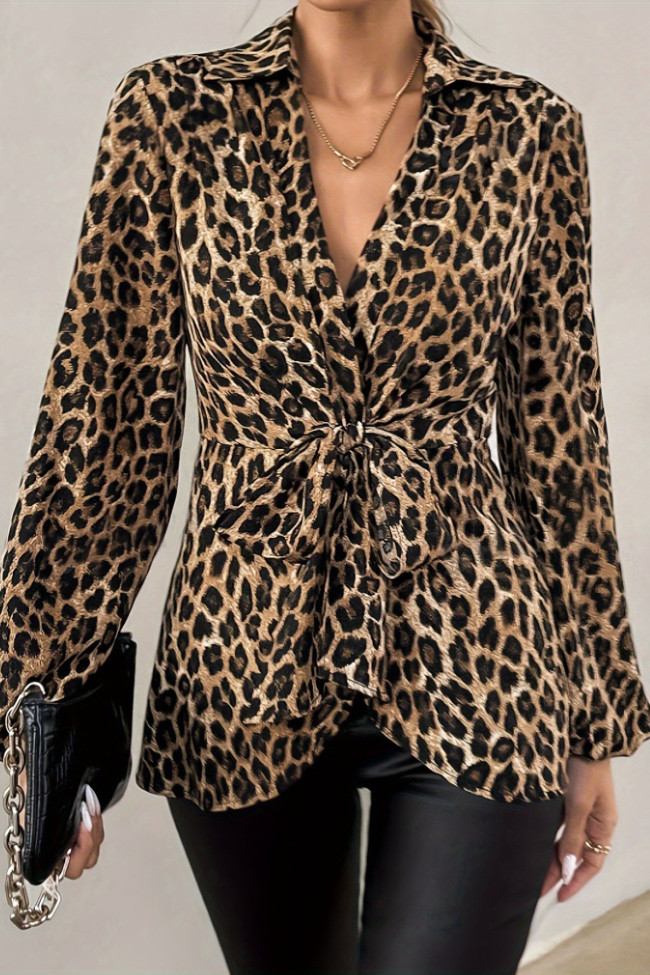Leopard Print V-Neck Long Sleeved Shirt