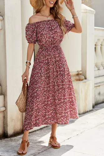 Floral Print One Shoulder Short Sleeved Dress