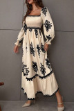 Long Sleeved Floral Print Square Neck Dress