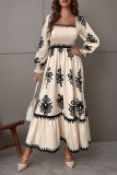 Long Sleeved Floral Print Square Neck Dress