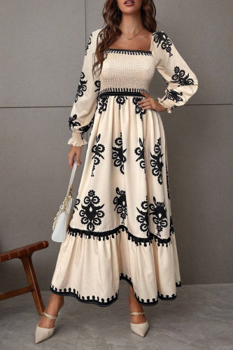 Long Sleeved Floral Print Square Neck Dress