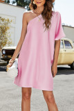 Irregular Sloping Shoulders Loose Pink Dress