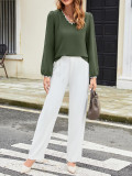 V-Neck Ruffled Loose Long Sleeved Top