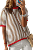 Striped Round Neck Knitted Short Sleeved Sweater