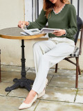 V-Neck Ruffled Loose Long Sleeved Top