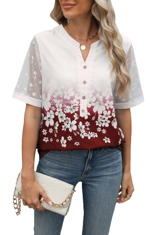 V-Neck Printed Chiffon Lace Sleeve Shirt