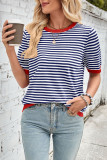 Striped Round Neck Knitted Short Sleeved Sweater