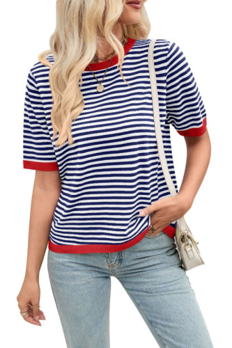 Striped Round Neck Knitted Short Sleeved Sweater