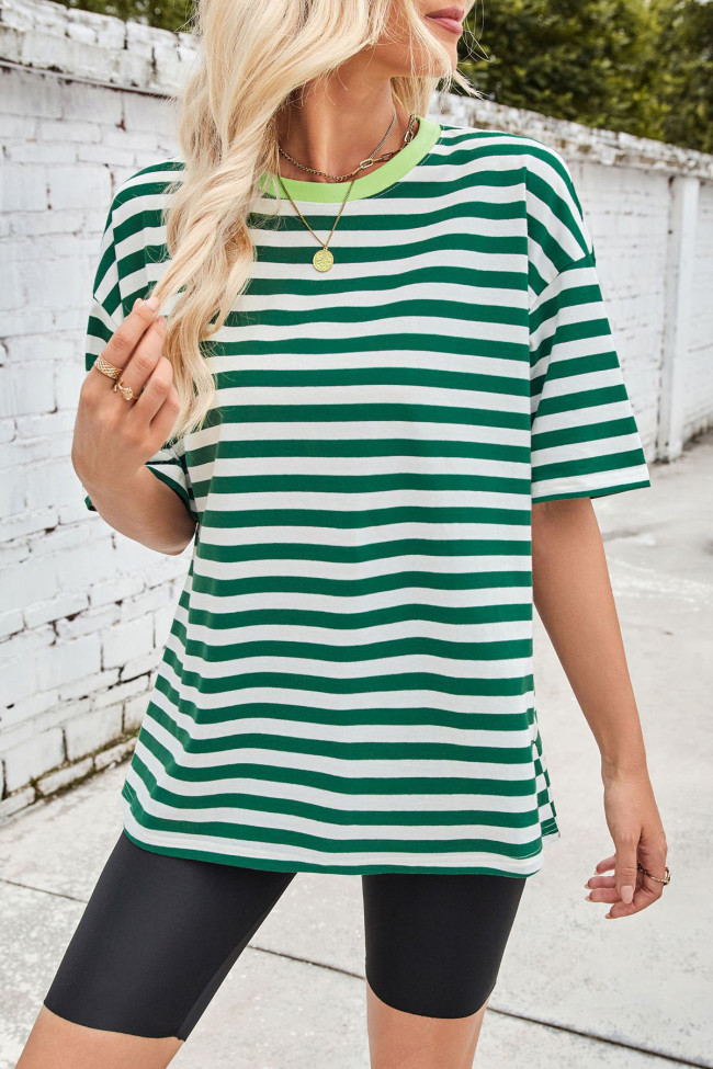 Striped Round Neck Five Quarter Sleeve T-Shirt