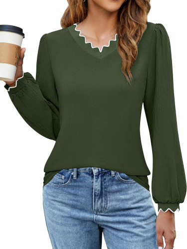 V-Neck Ruffled Loose Long Sleeved Top
