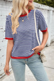 Striped Round Neck Knitted Short Sleeved Sweater