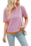 Striped Round Neck Knitted Short Sleeved Sweater