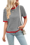 Striped Round Neck Knitted Short Sleeved Sweater
