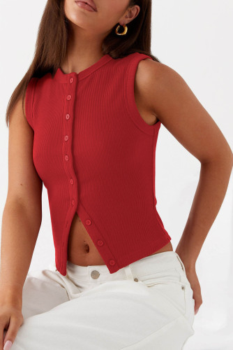 Sleeveless Round Neck Threaded Button Vest