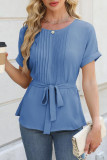 Ruffle Pleated Round Neck Short Sleeved T-Shirt