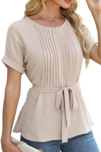 Ruffle Pleated Round Neck Short Sleeved T-Shirt