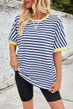 Summer Striped Round Neck Bat Sleeve T-Shirt