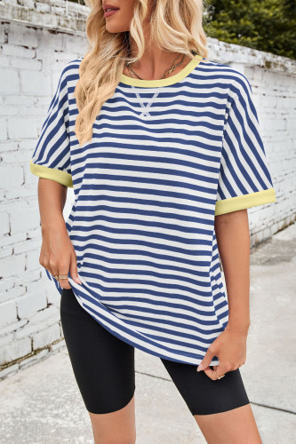 Summer Striped Round Neck Bat Sleeve T-Shirt