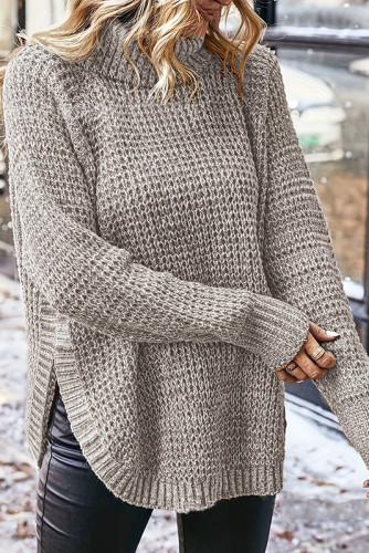 High Lapel Slit Pullover Long Sleeved Knitted Sweater