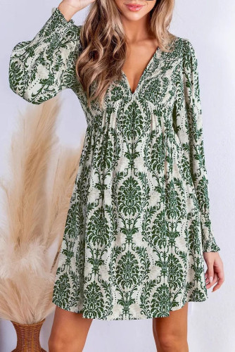 Printed Long Sleeved V-Neck Dress
