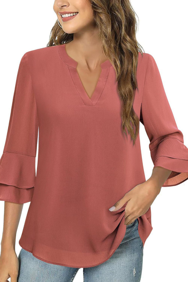 Solid Color V-Neck Flared Sleeve Chiffon Shirt