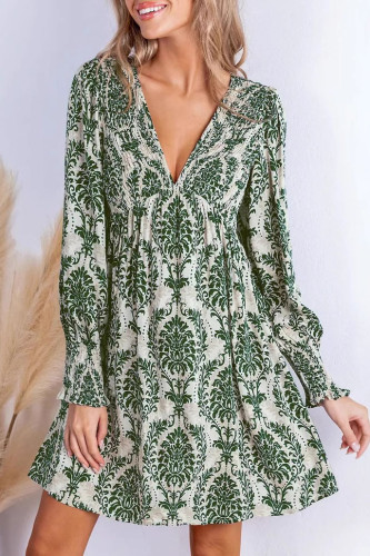 Printed Long Sleeved V-Neck Dress