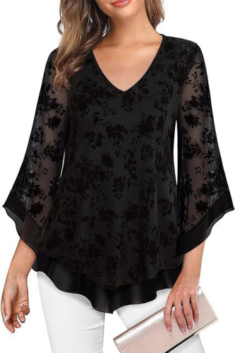 Horn Sleeve V-Neck Double-Layer Mesh Shirt