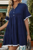 Wave Edged V-Neck Solid Color Dress