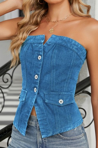 Button Denim Tube Top