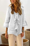 Solid Color V-Neck Flying Sleeve Ruffle Edge Shirt