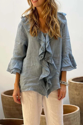 Solid Color V-Neck Flying Sleeve Ruffle Edge Shirt