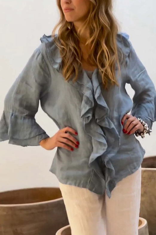Solid Color V-Neck Flying Sleeve Ruffle Edge Shirt
