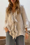 Solid Color V-Neck Flying Sleeve Ruffle Edge Shirt