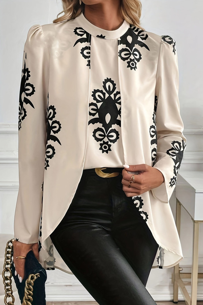 Long Sleeved Round Neck Floral Print Shirt