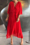 Solid Color Bat Sleeve Lace Up Dress