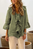 Solid Color V-Neck Flying Sleeve Ruffle Edge Shirt
