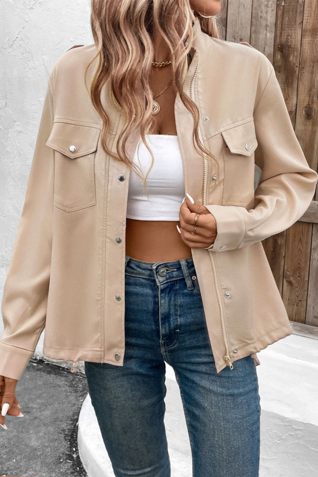 Long Sleeve Stand Up Collar Solid Color Jacket 