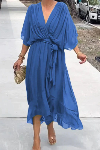 Solid Color Bat Sleeve Lace Up Dress